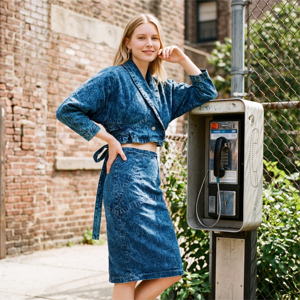 VTG‎ Charlie Jones Nabil Acid Wash Denim Jacket Skirt Set Sz S 80s Retro vintage